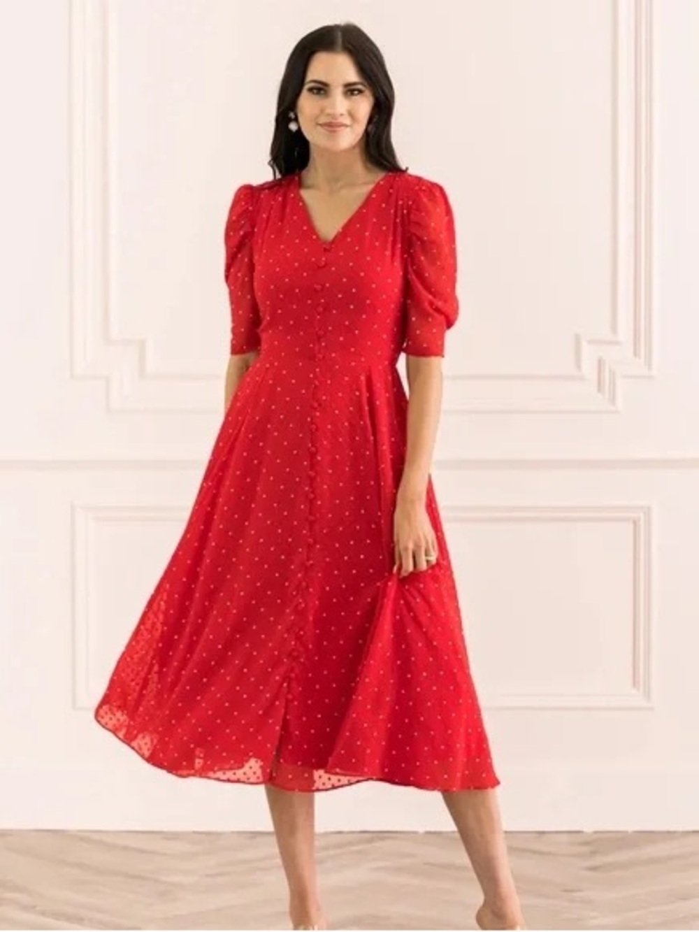 Rachel Parcell Red polka dot Midi Dress with Puff Sleeves